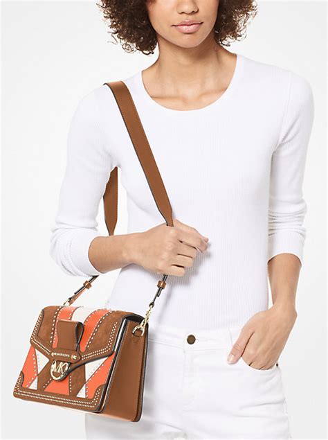 michael kors jessie large suede patchwork|Michael Michael Kors Jessie Large Flap Leather Shoulder Bag.